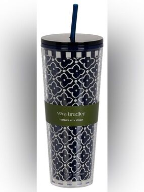 Vera Bradley Navy and White Patterned Tumbler with Straw